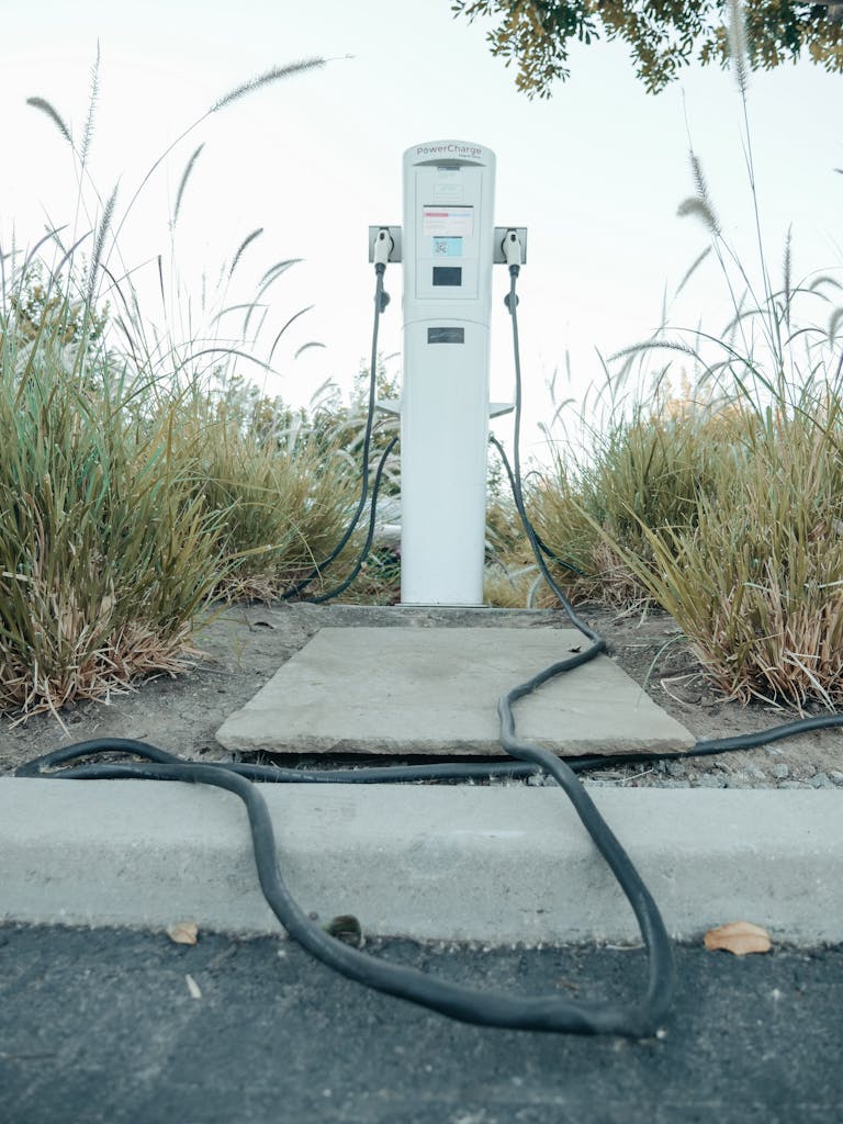 Modern electric vehicle charging station with cables in a green outdoor setting.